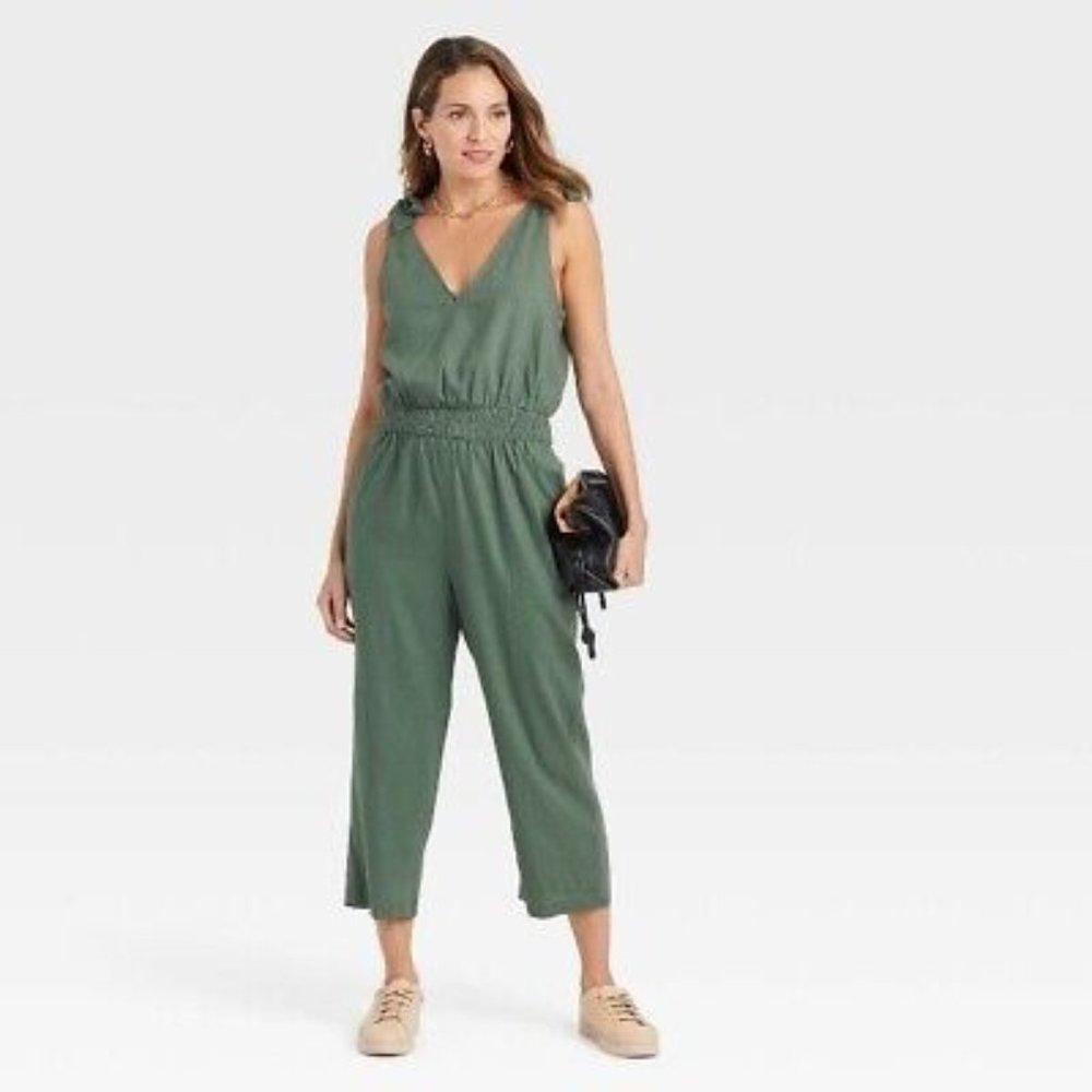 NWOT A New Day Green Linen Tie Shoulder Sleeveless Jumpsuit Size Medium